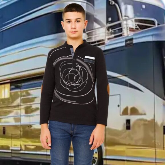 KOOL KIDS Sportswear Abstract Graphic Black Long Sleeve Shirt Boys Sz 16 - Picture 1 of 5